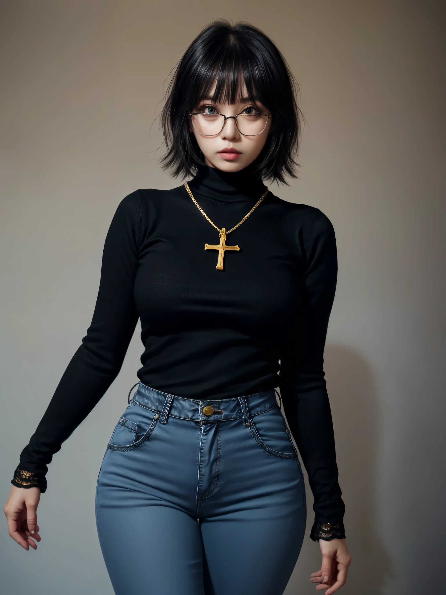 1girl, medium wide shot, full body, tight long sleeve black turtle neck sweater, black layered messy bob hair, bangs, upside down cross pendant necklace, glasses, full breasts, huge breasts, detailed face, raised eyebrow, gold lace trimmed sleeve, long blue jeans pants, 