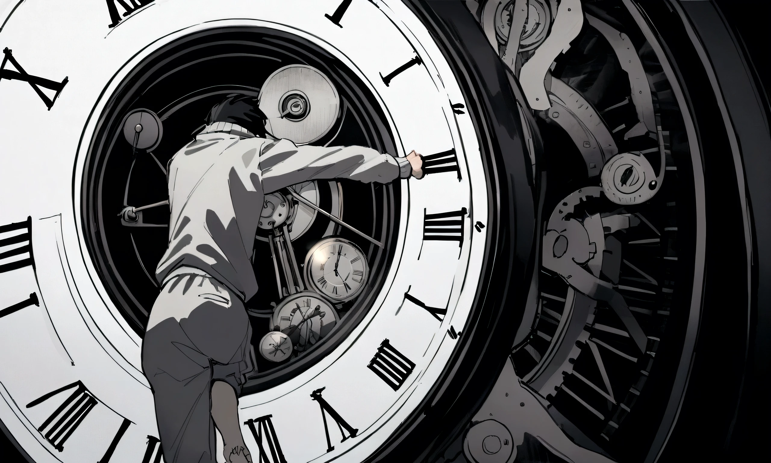 black and white drawing, giant clockwork background, hang from clockwork, human, 26 year old male, black neat hair, a lonely face, wearing gray tracksuit, put one&#39;s foot on the clock hand, cling to the clock, climb the clock.