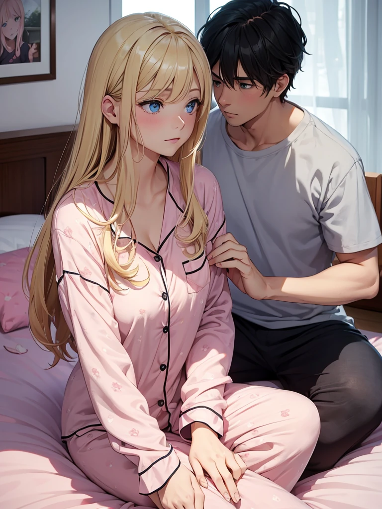 an adult girl, Blonde, blue eyes, loose hair, lying in her bed with a somewhat sick face, in pink full body pajamas, There is an adult boy next to her sitting on the bed to take care of her., black hair
