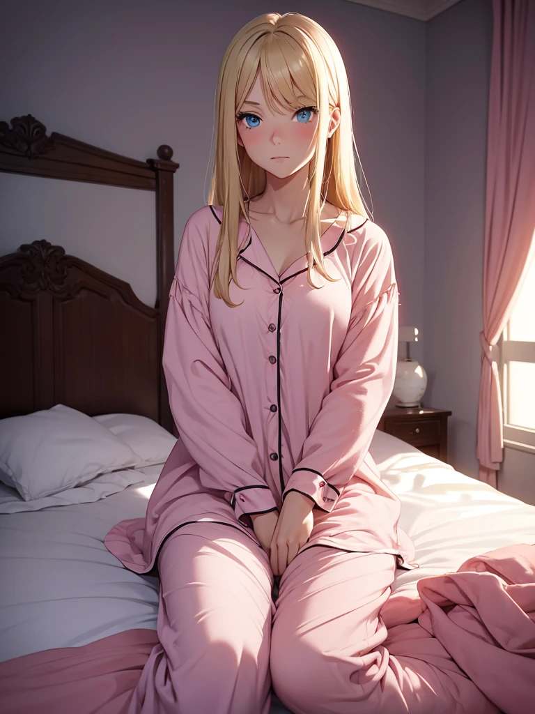 an adult girl, Blonde, blue eyes, loose hair, lying in her bed with a somewhat sick face, in pink full body pajamas, There is an adult boy next to her sitting on the bed to take care of her., black hair