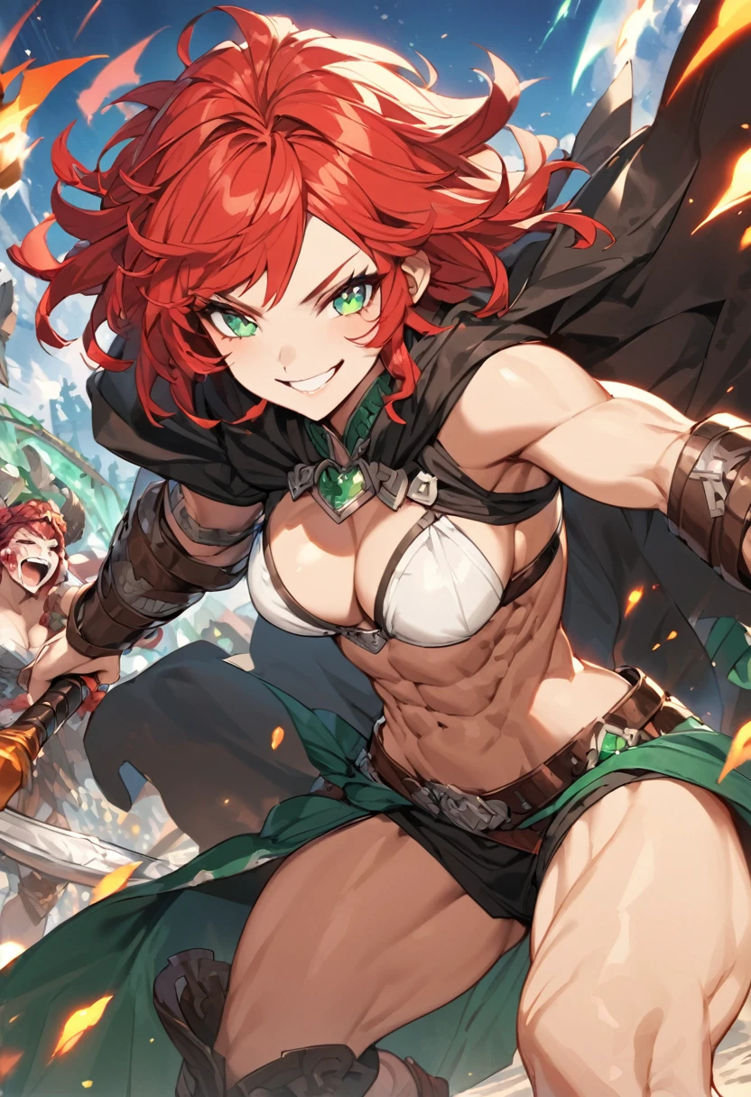 Adult female, fantasy, fantasy arena, bloody, happy, bloody smile, perfect smile, highly detailed, very short red hair, emerald green irises, barbarian, toned body, well-defined abs, thin black robes, fighting, perfect detail, perfect eyes, black pupils, vibrant eyes