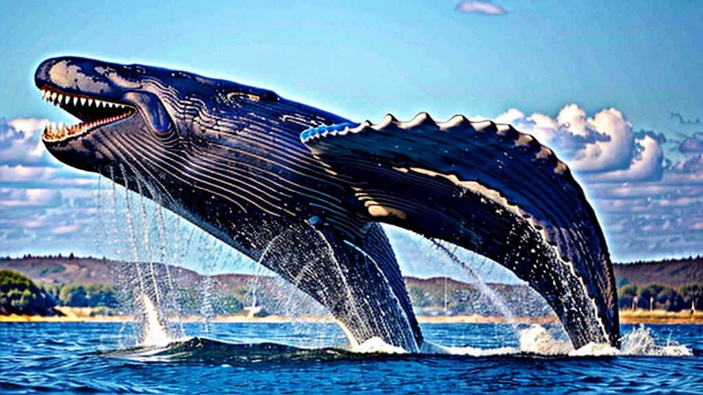A beautiful sky blue big whale with its mouth wide open。The teeth are very neat。Giving water splashes。