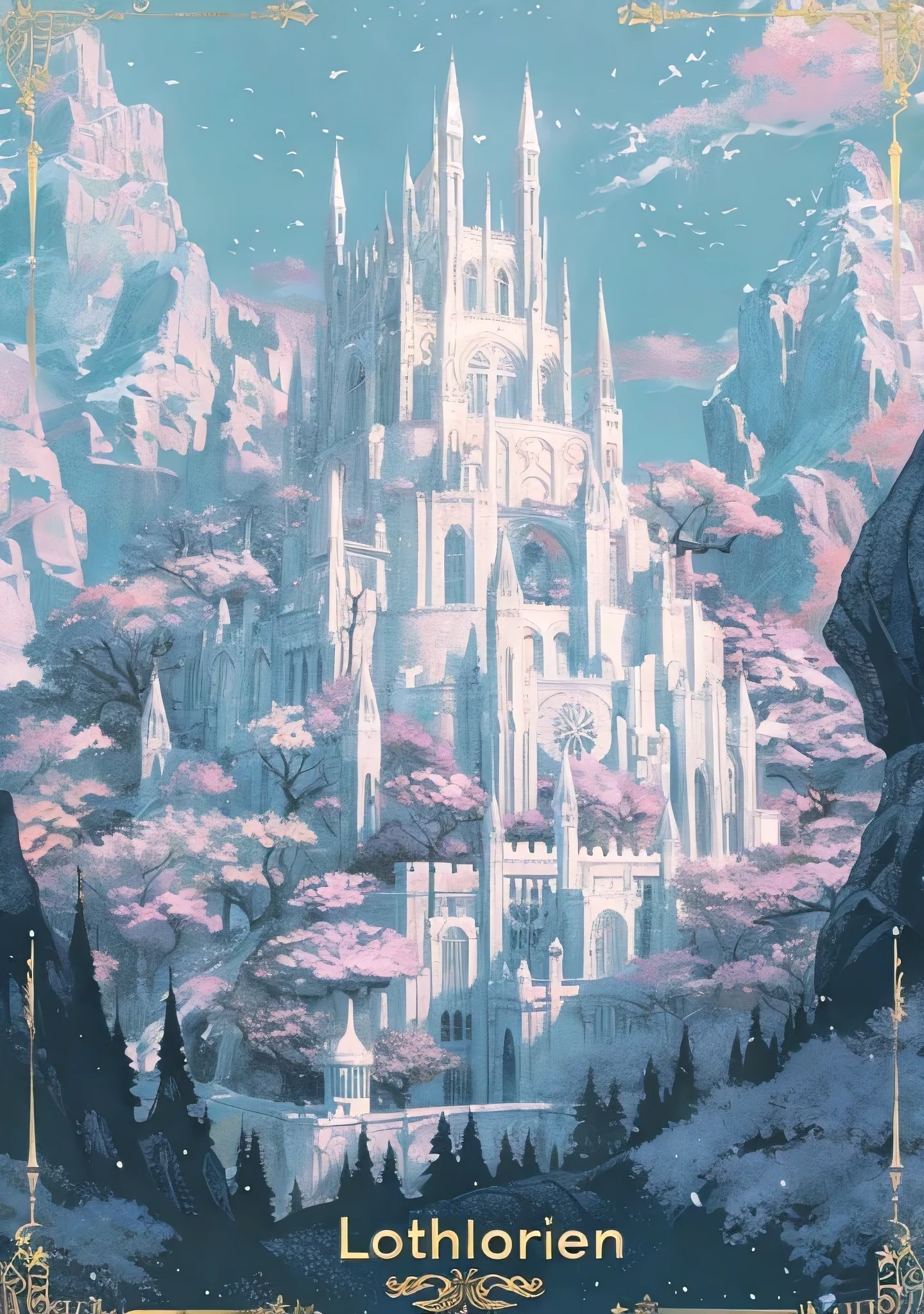 art deco travel poster of the white city in Lothlorien from Lord Of The Rings, with text "Lothlorien", pastel colours, with silver and gold accents, fantasy, beautiful trees and an ethereal sky in the style of Tolkien.