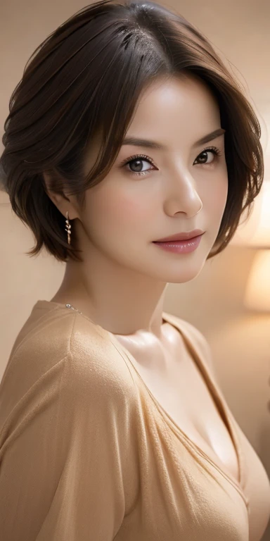 masterpiece、Highest quality、High resolution、Tabletop、wallpaper、Realistic、Bright lighting、Professional Lighting、Face Light、Smooth lighting、Mature Woman、50 years old、Japanese women、Adult、Beautiful woman、Acted upon、gravure、sexy、poor、so beautiful、Beautiful Skin、Beautiful and detailed、Detailed face、slim、Medium sized big breasts、short hair、Brunette colored hair、Brown eyes、Looking at the camera、blouse、