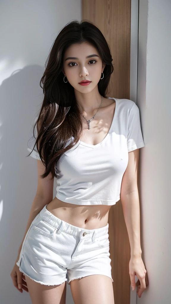 one girl,Beutiful women,Photograph the whole body,At morning,In a corner of korian,Put on earrings,Wear a silver necklace,wear a white shirt,Wear white shorts