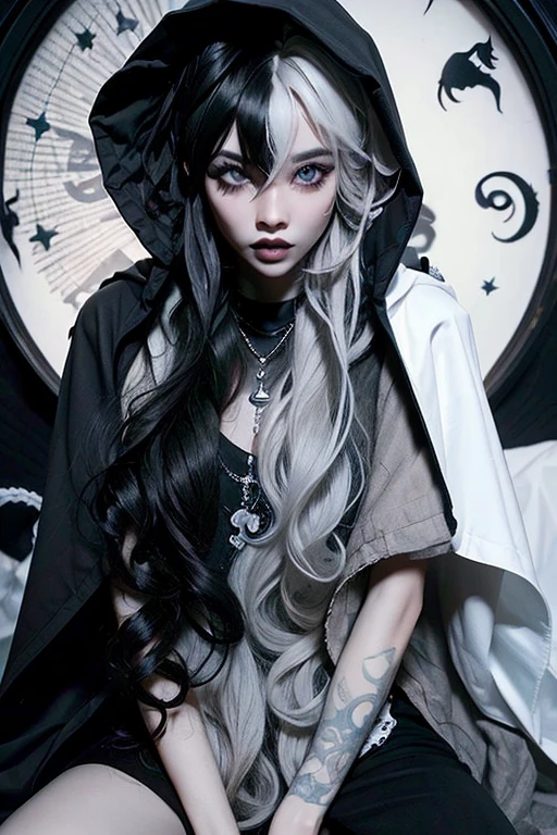 (masterpiece, best quality:1.2), 1girl, solo, beautiful, Asian, witch, long hair, messy hair, split dye hair, multicolor hair, black and white hair, bangs, wavy hair, blue swirls on face, blue swirls on body, goth, red lipstick, dark circles under eyes, long eyelashes, grey eyes, pale skin, skinny, wearing black cloak, frail, black dye on right side, white hair on left side, black hair, full body, looking at viewer, gloomy atmosphere, wind, blank face, [graveyar:girl:0.9], holding scythe, modest black clothes, red lips, cultist robe, wind blowing, hood up, hooded black cloak