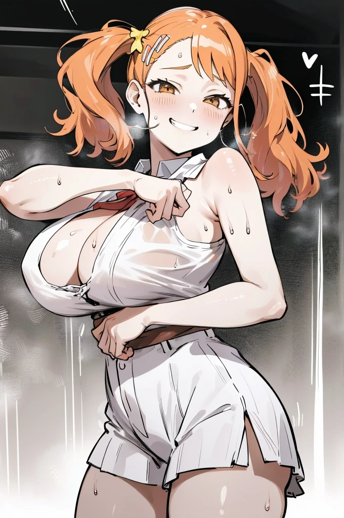 masterpiece, best quality, highres, 1girl, anjou naruko, hairclip,huge breasts, , twintails, grin,(Sweating),,cowboy shot