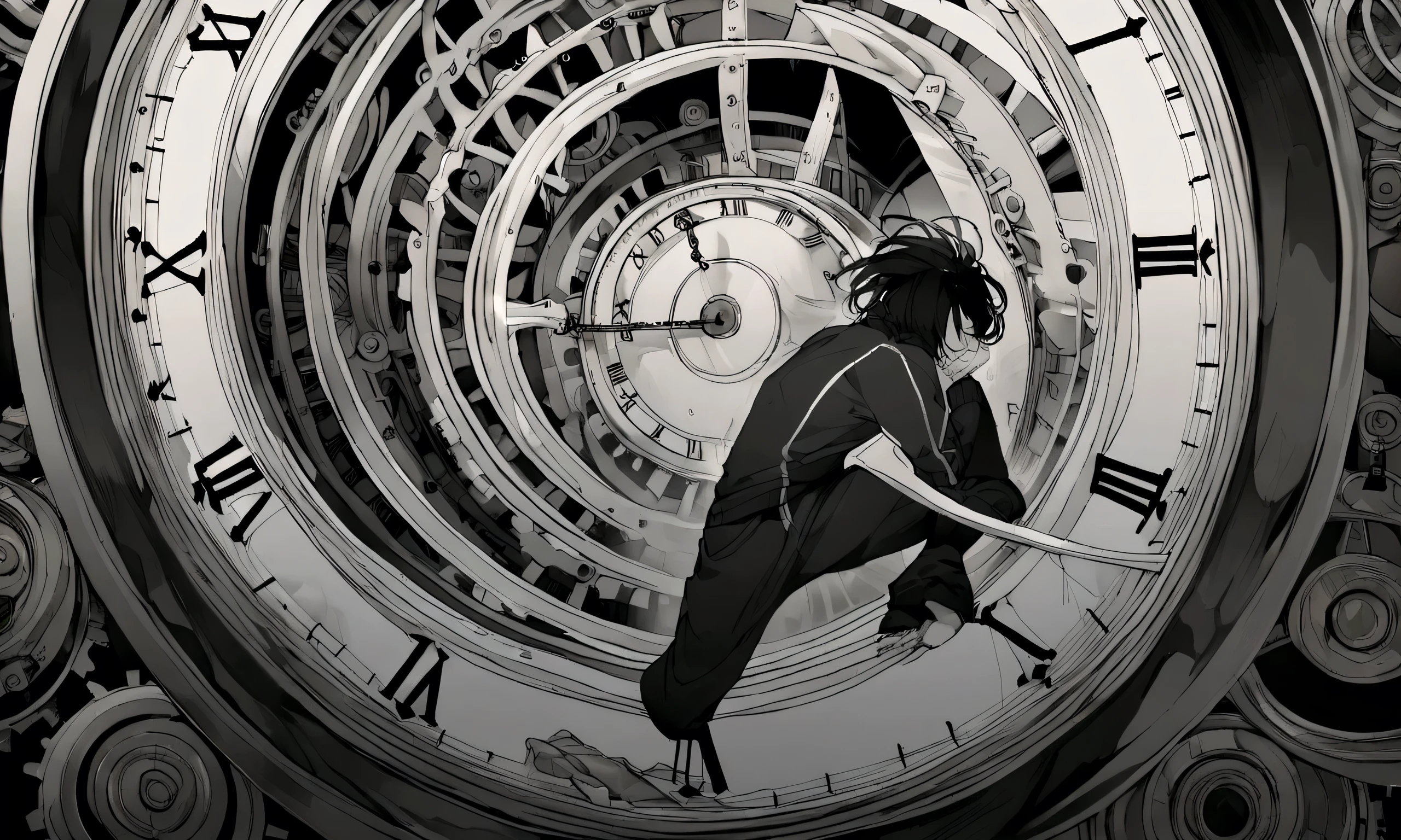 black and white drawing, giant clockwork background, hang from clockwork, human, 26 year old male, black neat hair, a lonely face, wearing gray tracksuit, put one's foot on the clock hand, cling to the clock.
