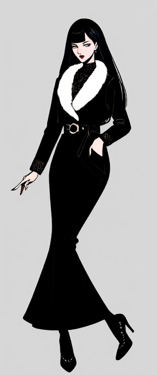 Caucasian female, black long hair to the waist, wearing winter collection yves Saint Laurent,vogue style, whole body, glad, creative archetype