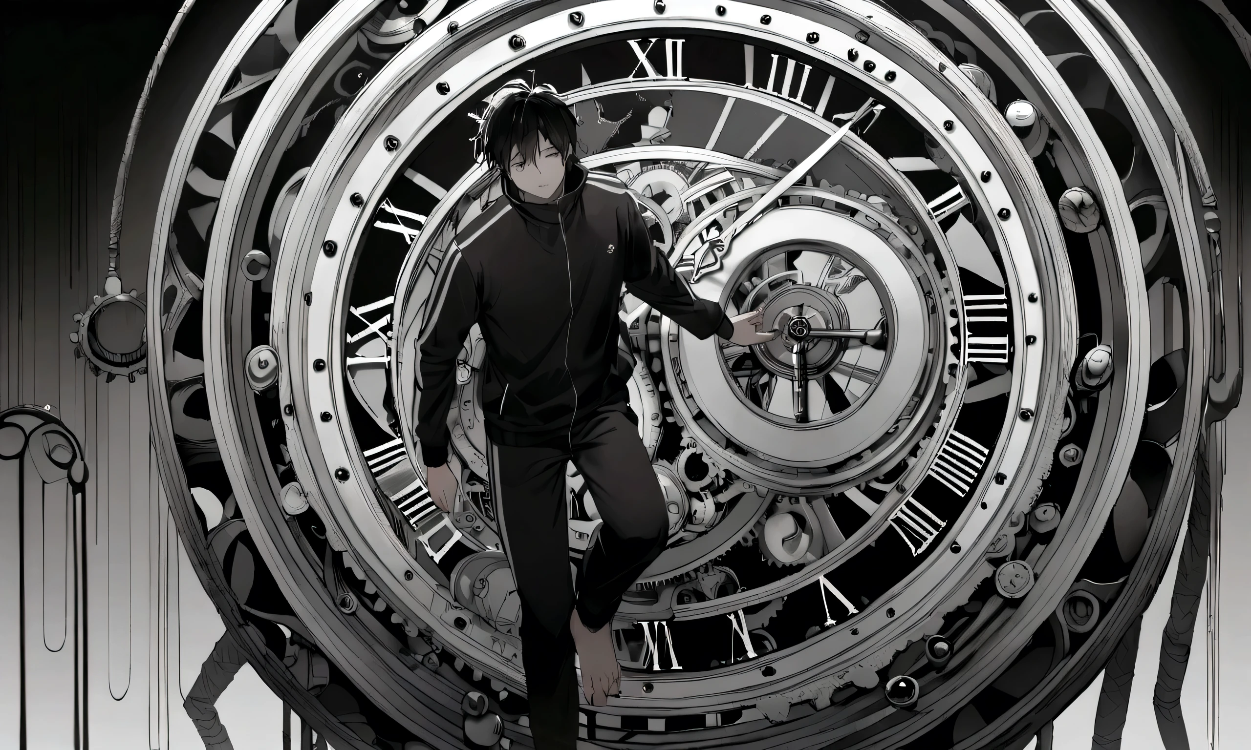 black and white drawing, giant clockwork background, hang from clockwork, human, 26 year old male, black neat hair, a lonely face, wearing gray tracksuit, put one&#39;s foot on the clock hand, cling to the clock, climb the clock.
