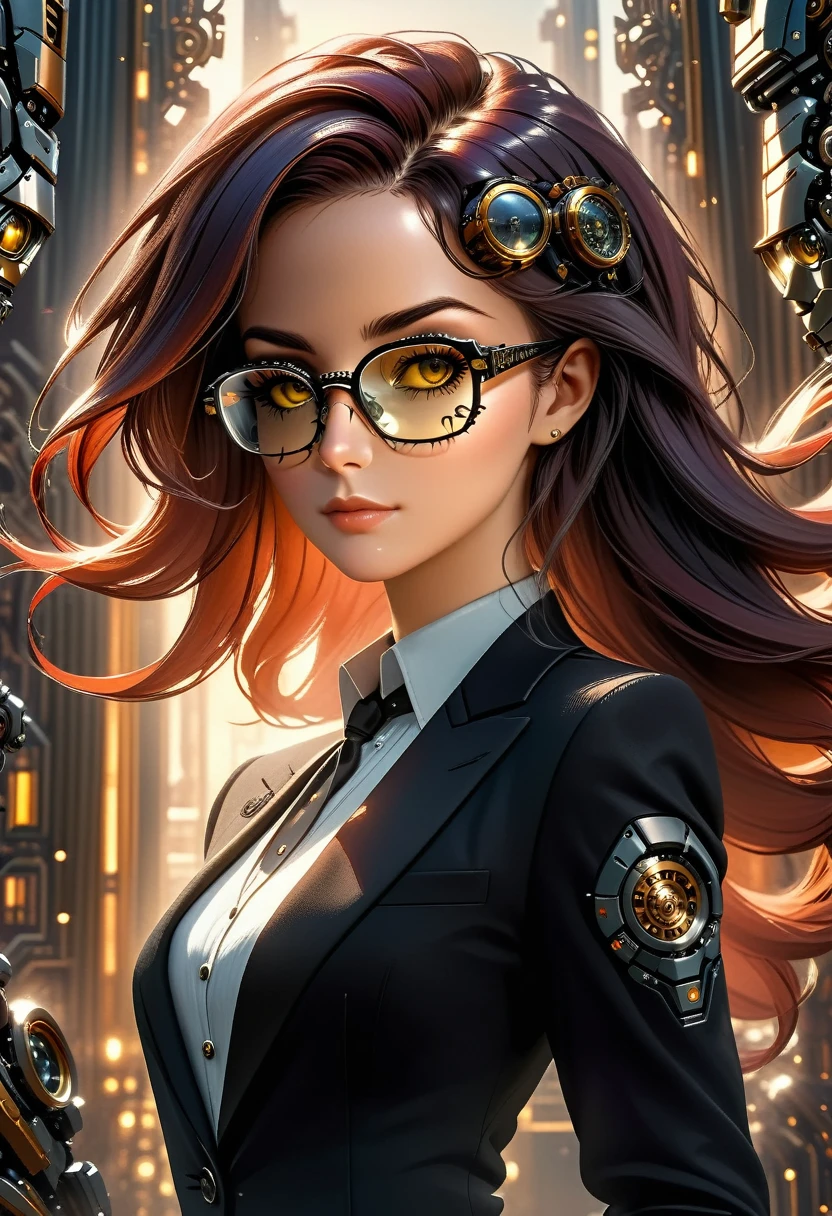 Arafed a picture of a human female spy, wearing dark suit, wearing ((mecha glasses: 1.5))exquisite beautiful female, dynamic hair color, dynamic hair style, (wearing elegant intricate details glasses: 1.3), dynamic color glasses, dynamic style glasses, glasses has intricate mechanical part in it, a high society gala event background, (Masterpiece: 1.5),  Vibrant, Ultra-high resolution, High Contrast, masterpiece:1.2, highest quality, Best aesthetics), best details, best quality, highres, ultra wide angle, 16k, [ultra detailed], masterpiece, best quality, (extremely detailed), Mechanical Creatures