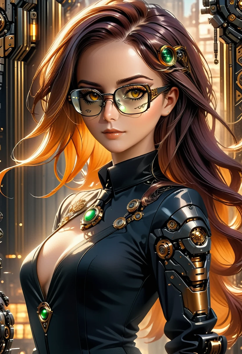 Arafed a picture of a human female spy, wearing dark suit, wearing ((mecha glasses: 1.5))exquisite beautiful female, dynamic hair color, dynamic hair style, (wearing elegant intricate details glasses: 1.3), dynamic color glasses, dynamic style glasses, glasses has intricate mechanical part in it, a high society gala event background, (Masterpiece: 1.5),  Vibrant, Ultra-high resolution, High Contrast, masterpiece:1.2, highest quality, Best aesthetics), best details, best quality, highres, ultra wide angle, 16k, [ultra detailed], masterpiece, best quality, (extremely detailed), Mechanical Creatures