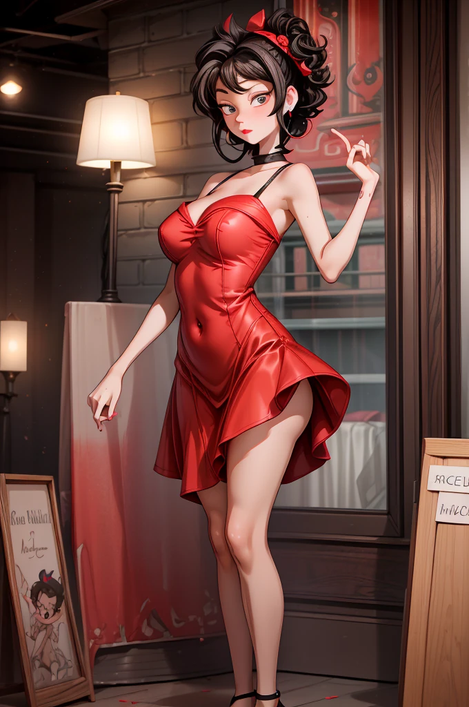 (8K HDR photorealistic pic), Betty Boop, short, althetic, curvy lady, ((tight little red dress)), dark eyebrows, black lipstick, (hoop earrings), dark eyeshadow, black lipstick, curvy, busty, (curly short black hair), shortstack, (retroussé breasts), darling figure, (supple pouting breasts), firm thighs, hourglass figure, kerchief, big brown eyes, dancing seductively