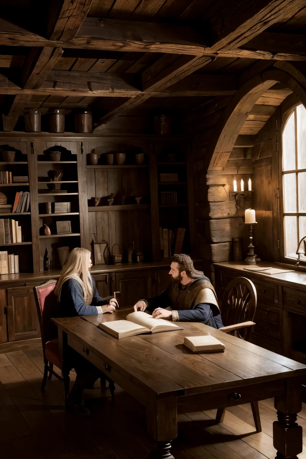 medieval room in a castle, rustic wooden table, two medieval men talking, book shelf, dark lighting