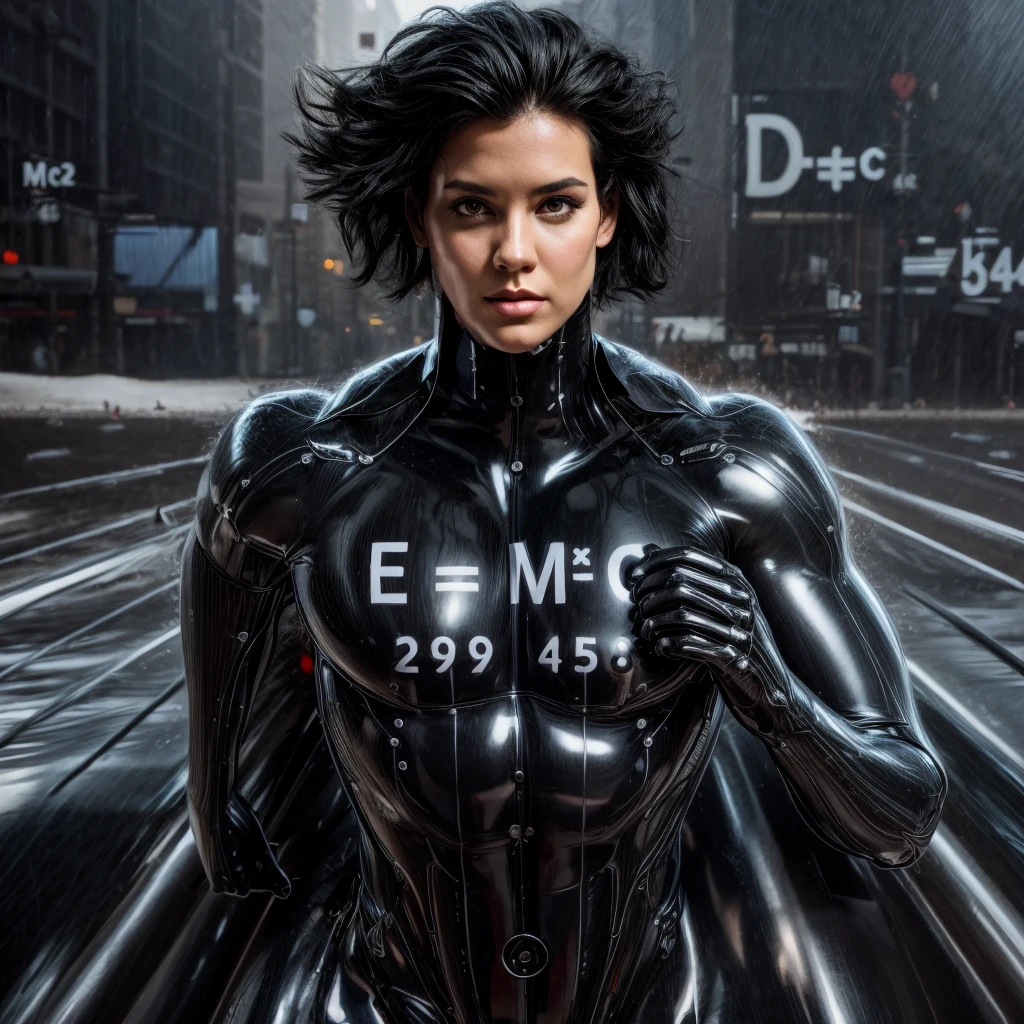 Beautiful woman with short black hair and amazing body wearing a dark gray latex full body catsuit