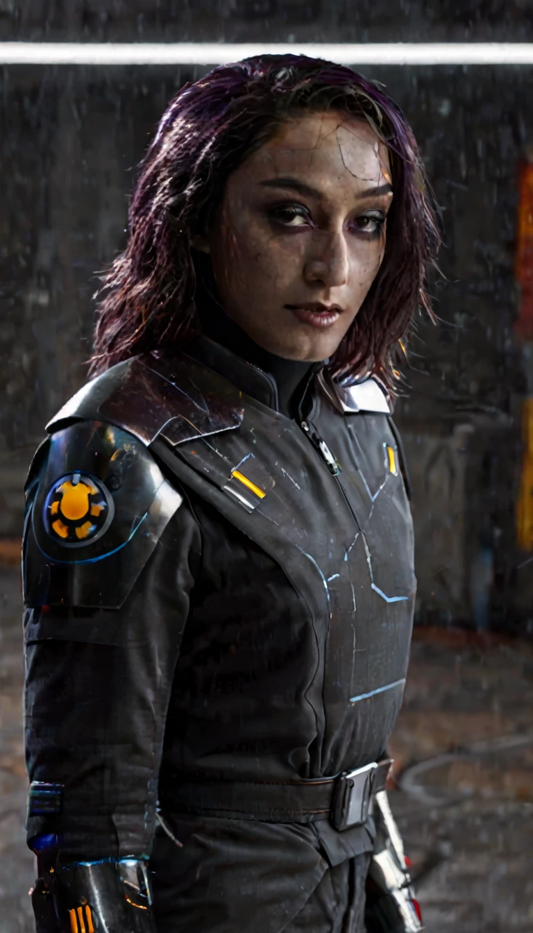 battle damage , missing arm ,bright yellow eyes, ultra-detailed,vibrant colors,sci-fi,portrait,dramatic lighting,detailed facial features,dark background,long hair,glowing eyes,futuristic clothing,expressionless face,metallic texture,bright highlights,high contrast,radiant colors,artificial intelligence theme,sharp focus,technological elements,shadows and highlights,ethereal glow,neon lights,stormy atmosphere,otherworldly setting,unconventional composition,sharp lines,sleek design,mysterious atmosphere,unearthly beauty,digital enhancements,advanced technology,glowing circuitry,abstract background,ominous presence,subtle reflections,energetic pose,unique perspective,foreshortening effect,symmetrical composition,imposing presence,dynamic energy,striking visual impact,translucent overlays,organic and mechanical fusion.
