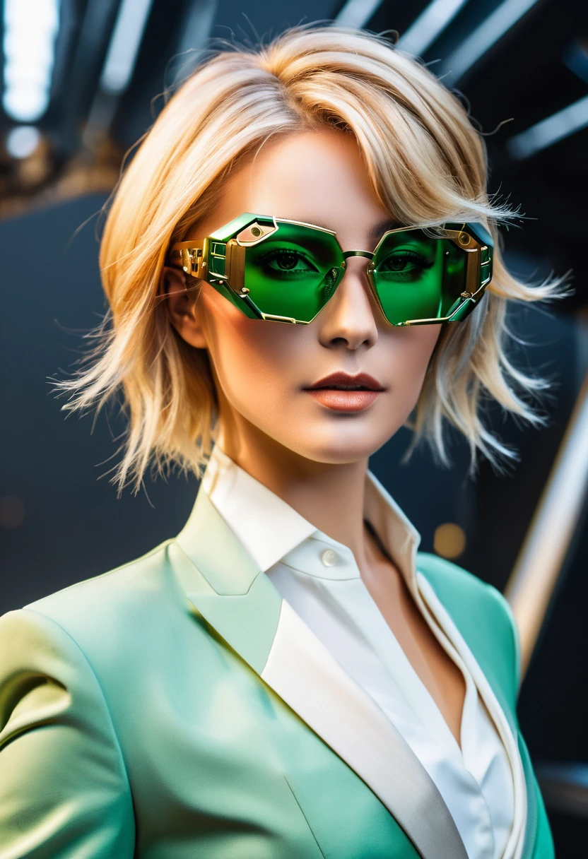 Arafed a picture of a human female spy, wearing dark suit, wearing ((mecha glasses: 1.5))exquisite beautiful female, blond hair, short crop hair, green eyes, dynamic hair color, dynamic hair style, (wearing elegant intricate details glasses: 1.3), dynamic color glasses, dynamic style glasses, glasses has intricate mechanical part in it, a high society gala event background, (Masterpiece: 1.5),  Vibrant, Ultra-high resolution, High Contrast, masterpiece:1.2, highest quality, Best aesthetics), best details, best quality, highres, ultra wide angle, 16k, [ultra detailed], masterpiece, best quality, (extremely detailed), Mechanical Creatures