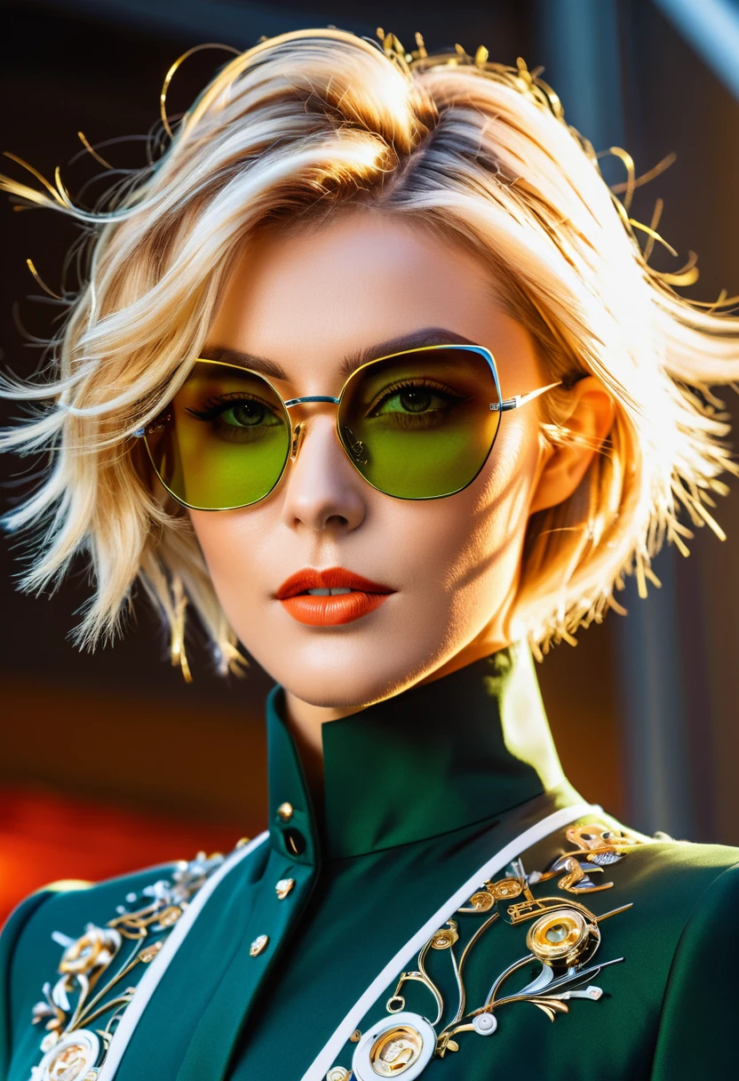 Arafed a picture of a human female spy, wearing dark suit, wearing ((mecha glasses: 1.5))exquisite beautiful female, blond hair, short crop hair, green eyes, dynamic hair color, dynamic hair style, (wearing elegant intricate details glasses: 1.3), dynamic color glasses, dynamic style glasses, glasses has intricate mechanical part in it, a high society gala event background, (Masterpiece: 1.5),  Vibrant, Ultra-high resolution, High Contrast, masterpiece:1.2, highest quality, Best aesthetics), best details, best quality, highres, ultra wide angle, 16k, [ultra detailed], masterpiece, best quality, (extremely detailed), Mechanical Creatures