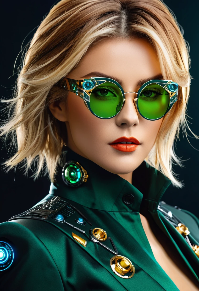 Arafed a picture of a human female spy, wearing dark suit, wearing ((mecha glasses: 1.5))exquisite beautiful female, blond hair, short crop hair, green eyes, dynamic hair color, dynamic hair style, (wearing elegant intricate details glasses: 1.3), dynamic color glasses, dynamic style glasses, glasses has intricate mechanical part in it, a high society gala event background, (Masterpiece: 1.5),  Vibrant, Ultra-high resolution, High Contrast, masterpiece:1.2, highest quality, Best aesthetics), best details, best quality, highres, ultra wide angle, 16k, [ultra detailed], masterpiece, best quality, (extremely detailed), Mechanical Creatures