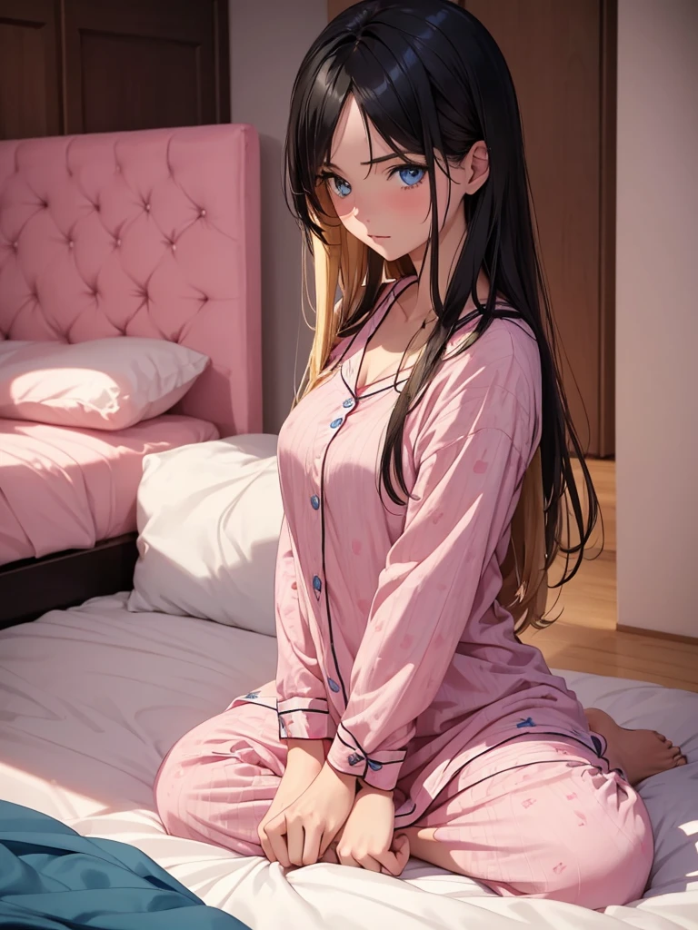 an adult girl, Blonde, blue eyes, loose hair, lying in her bed with a somewhat sick face, in pink full body pajamas, There is an adult boy next to her sitting on the bed to take care of her., black hair