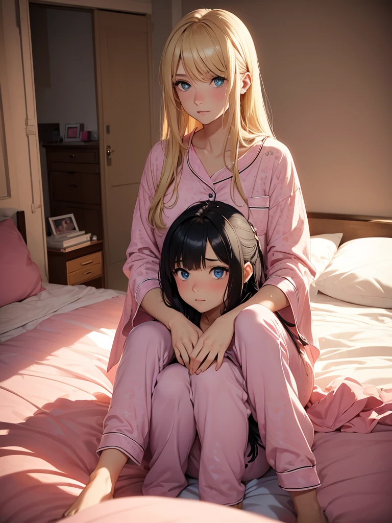 an adult girl, Blonde, blue eyes, loose hair, lying in her bed with a somewhat sick face, in pink full body pajamas, There is an adult boy next to her sitting on the bed to take care of her., black hair
