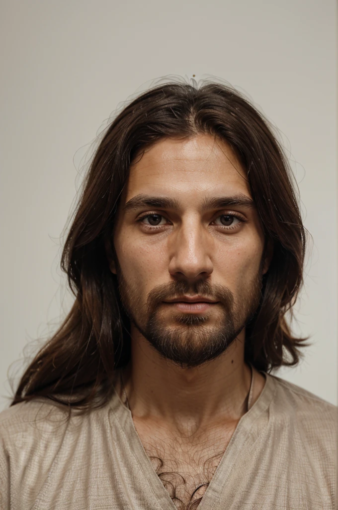 photorealism, focused and clean image, white background, Detailed face and back of Jesus Christ aged 33 years, phenotype of a man from Israel from the first century, hooked and round nose, long dark brown hair, brown eyes, face that conveys peace , typical Israeli clothing from the first century, vertical aspect ratio