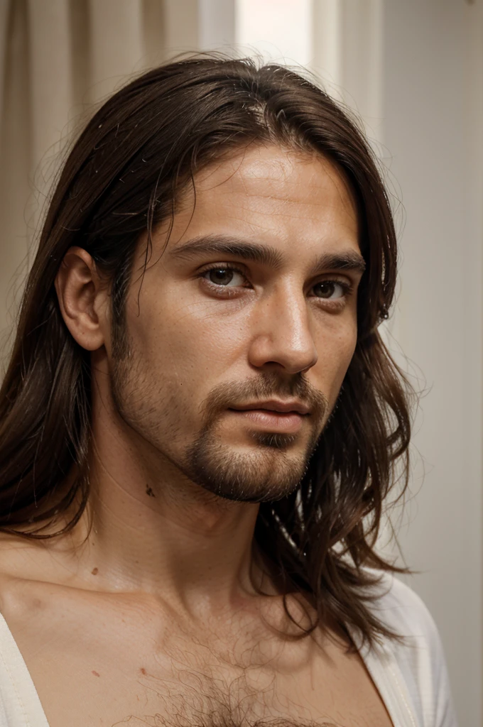 photorealism, focused and clean image, white background, Detailed face and back of Jesus Christ aged 33 years, phenotype of a man from Israel from the first century, hooked and round nose, long dark brown hair, brown eyes, face that conveys peace , typical Israeli clothing from the first century, vertical aspect ratio