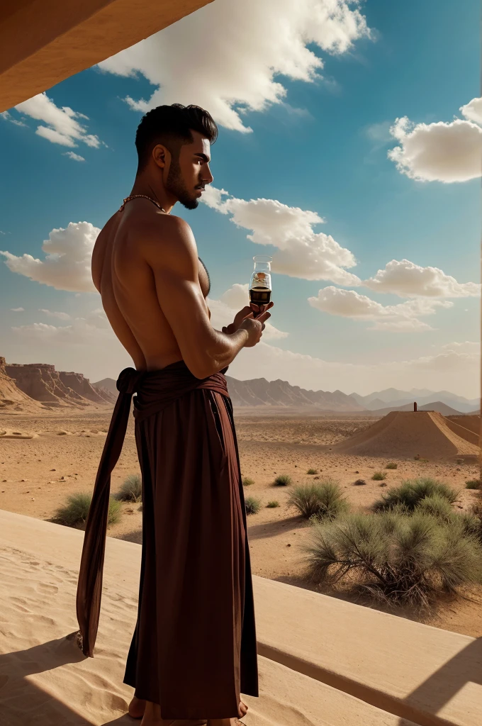 "Capture the essence of allure: A man, amidst the Arabian landscape with a dramatic cloudy sky, savors the aroma of a perfume by an oasis. Let the image evoke the mystique and sensory journey that perfumes bring to life."