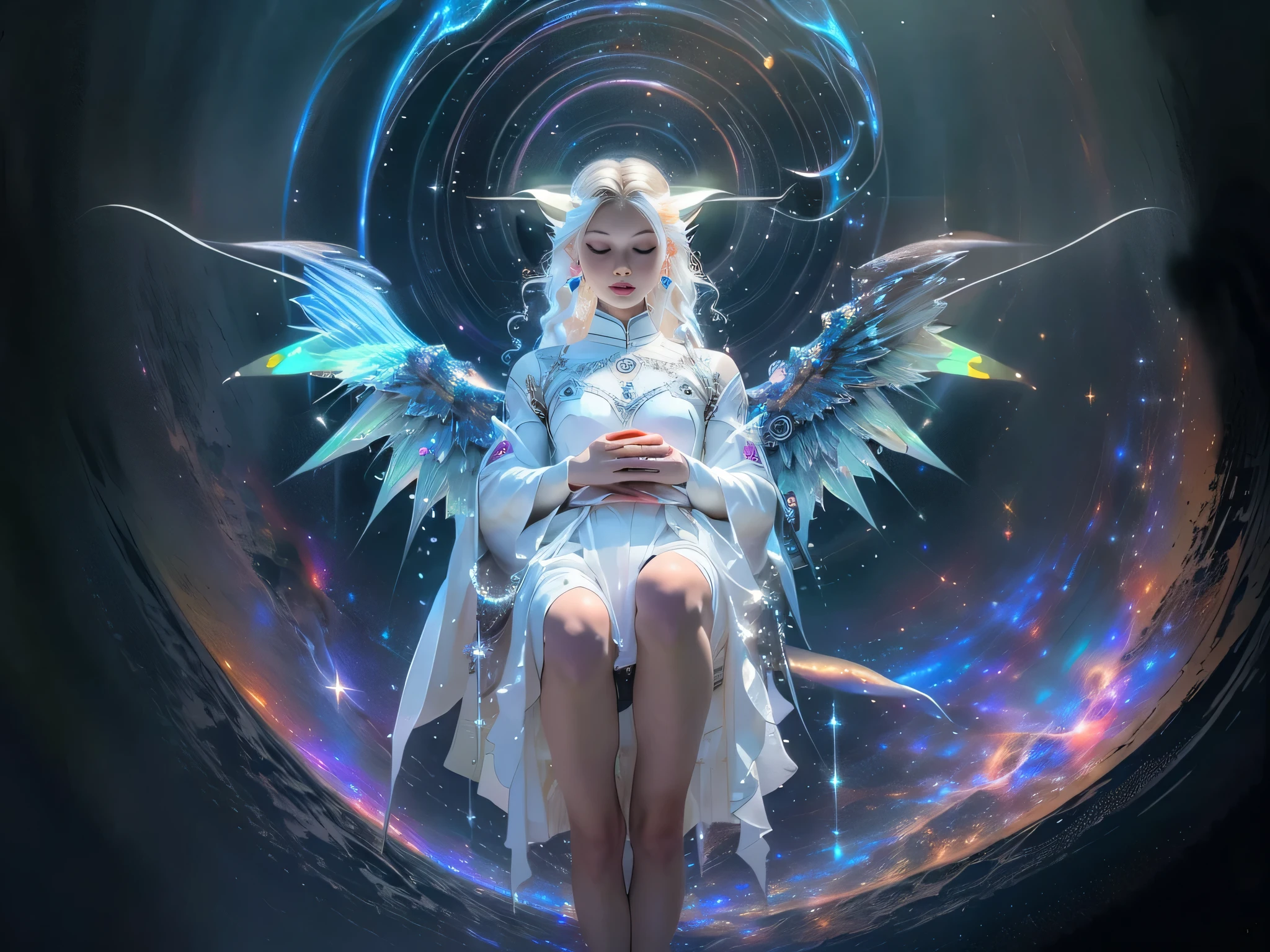 fish-eye lens, cosmic background, Countless twinkling galaxies and stars, Convoluted, Ultra-realistic full-length shot of an angel praying for viewers in the center of a circle, The microcosm revolves around angels, face to the viewer, Offer mercy, Comfort and love, stunningly beautiful face, The majestic twin wings of an angel growing from the back of an angel, Ultra-realistic and ultra-detailed real wings, Beautiful snow-white robes and translucent darkness, Long Blonde Hair, Hair and stars mix, Fantastic and sacred (1:1), ultra-detailliert, A hyper-realistic, Countless small lights twinkle、Blend into the darkness, ultra intricate, New splash art never seen before in space, Captivate your audience、Give your audience direction to move forward, What's next?. It is a masterpiece that will continue to win many awards in the future.......