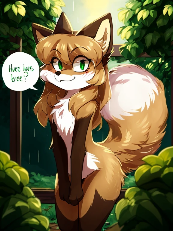 by reysi, ((deailed green eyes)), Best quality, super detailed illustration, warm colors, Ideal lighting, beautiful and detailed portrait of an anthropomorphic vixen ((female)), anthro fox girl, body fur, chest fluff, flat chest, sassy, sassy hips, sexy, cute, nice, hot, wide hips, (fur:1.5) ,smug face, disheveled thick hair, mischievous smile, slim, perfect body, speech bubble, heart, hearts, yard, rain, wet fur, bending over, blueberry bush, leaf in hand