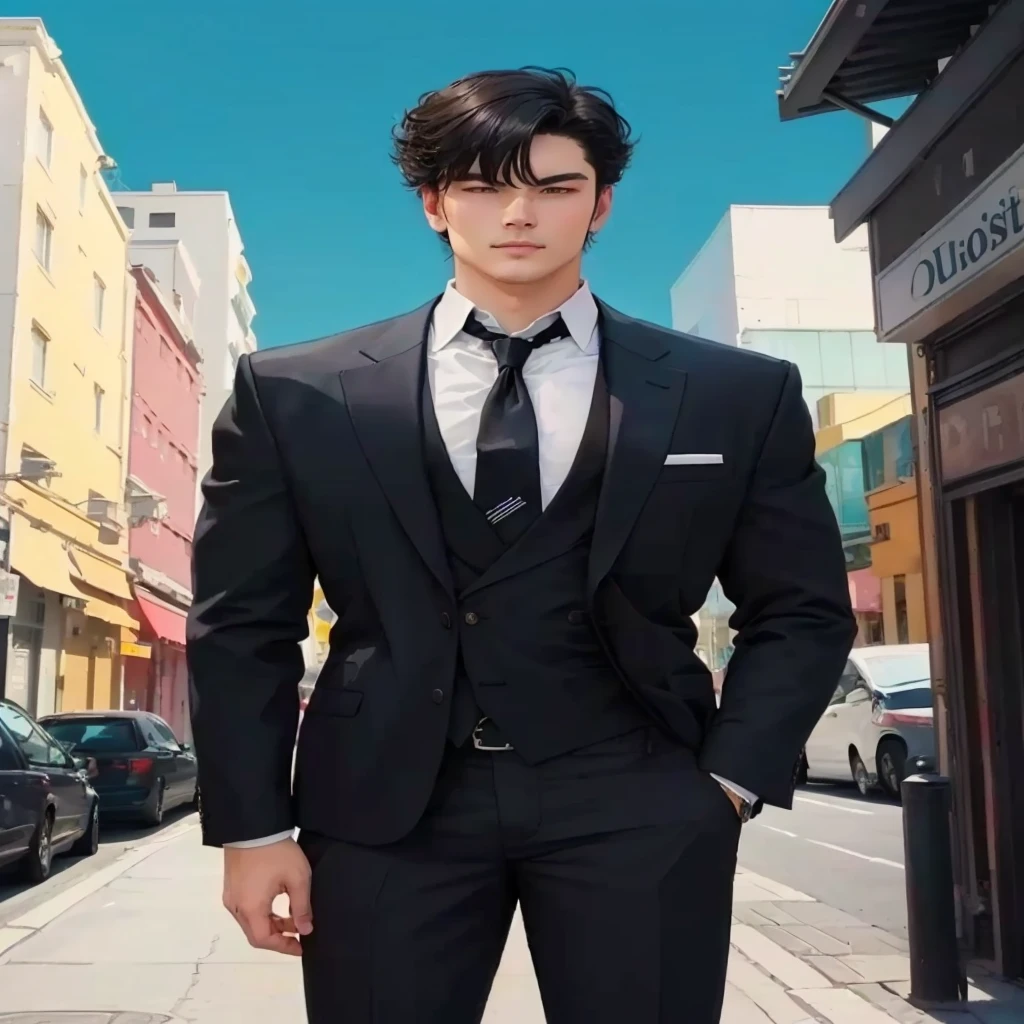 there&#39;s a man in a suit standing on a city street, anime handsome man, tall anime guy with blue eyes, cute anime pose, anime portrait of a handsome man, kentaro miura manga art style, Art by Kentaro Miura style, Art by Kentaro Miura, in a strict suit, Inspired by Hisui Sugiura, kentaro miura manga style