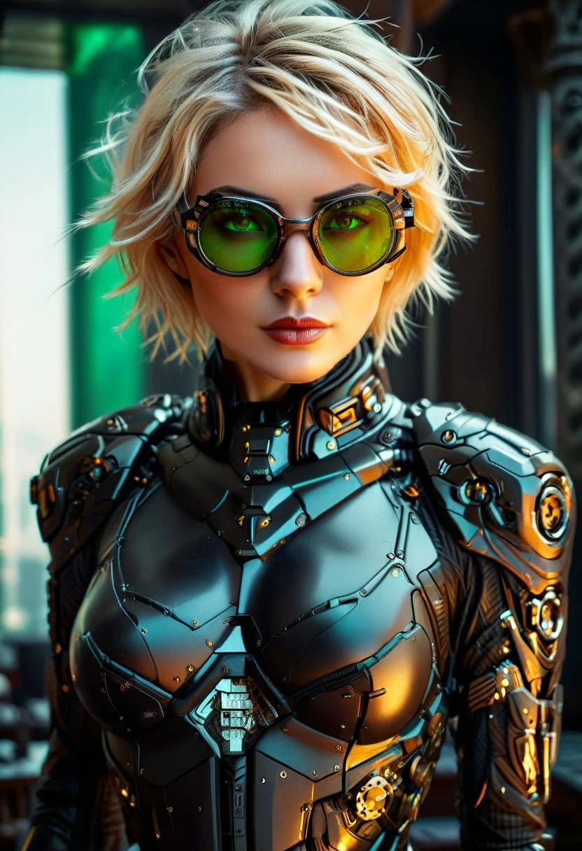 Arafed a picture of a human female spy, wearing dark suit, wearing ((mecha glasses: 1.5))exquisite beautiful female, blond hair, short crop hair, green eyes, dynamic hair color, dynamic hair style, (wearing elegant intricate details glasses: 1.3), dynamic color glasses, dynamic style glasses, glasses has intricate mechanical part in it, a high society gala event background, (Masterpiece: 1.5),  Vibrant, Ultra-high resolution, High Contrast, masterpiece:1.2, highest quality, Best aesthetics), best details, best quality, highres, ultra wide angle, 16k, [ultra detailed], masterpiece, best quality, (extremely detailed), Mechanical Creatures