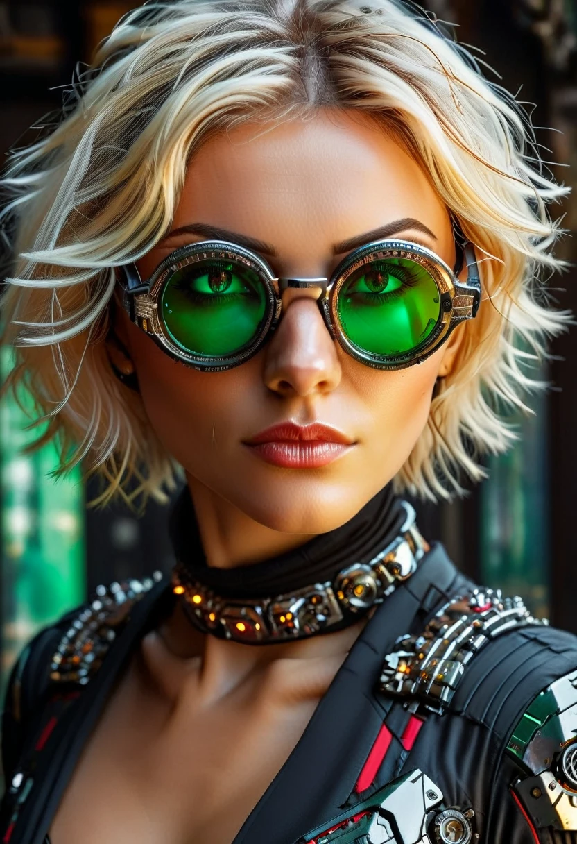 Arafed a picture of a human female spy, wearing dark suit, wearing ((mecha glasses: 1.5))exquisite beautiful female, blond hair, short crop hair, green eyes, dynamic hair color, dynamic hair style, (wearing elegant intricate details glasses: 1.3), dynamic color glasses, dynamic style glasses, glasses has intricate mechanical part in it, a high society gala event background, (Masterpiece: 1.5),  Vibrant, Ultra-high resolution, High Contrast, masterpiece:1.2, highest quality, Best aesthetics), best details, best quality, highres, ultra wide angle, 16k, [ultra detailed], masterpiece, best quality, (extremely detailed), Mechanical Creatures