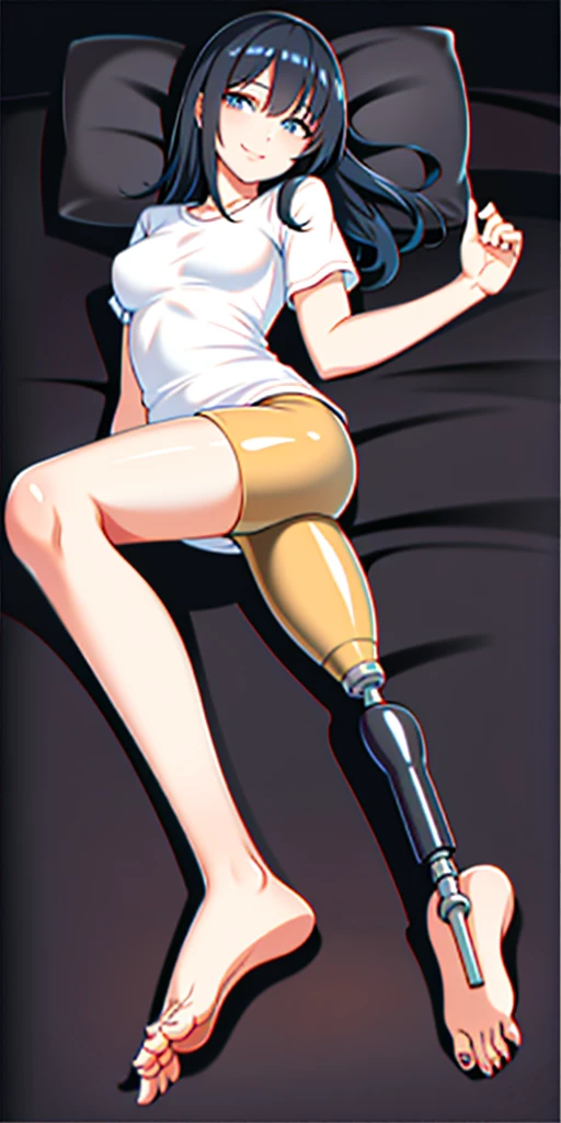 best quality, 1girl, solo, lying at bed, bed, medium hair, black hair, straight hair, looking at viewer, medium breasts, (prosthetic leg:1.2), full body, smiling, short, black minishort, minishort, top, white top, barefoot.