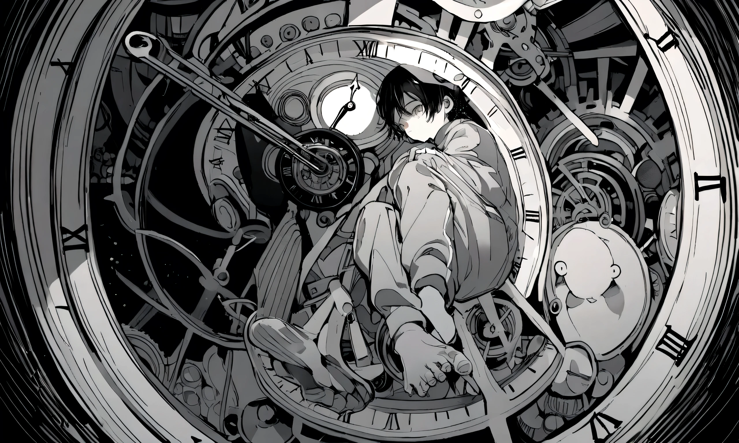 black and white drawing, giant clockwork background, hang from clockwork, human, 26 year old male, black neat hair, a lonely face, wearing gray tracksuit, put one's foot on the clock hand, cling to the clock, climb the clock.