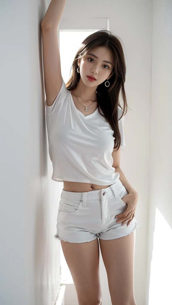 one girl,Beutiful women,Photograph the whole body,At morning,In a corner of korian,Put on earrings,Wear a silver necklace,wear a white shirt,Wear white shorts,Random pose