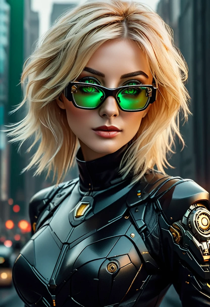 Arafed a picture of a human female spy, wearing dark suit, wearing ((mecha glasses: 1.5))exquisite beautiful female, blond hair, short crop hair, green eyes, dynamic hair color, dynamic hair style, (wearing elegant intricate details glasses: 1.3), dynamic color glasses, dynamic style glasses, glasses has intricate mechanical part in it, a high society gala event background, (Masterpiece: 1.5),  Vibrant, Ultra-high resolution, High Contrast, masterpiece:1.2, highest quality, Best aesthetics), best details, best quality, highres, ultra wide angle, 16k, [ultra detailed], masterpiece, best quality, (extremely detailed), Mechanical Creatures