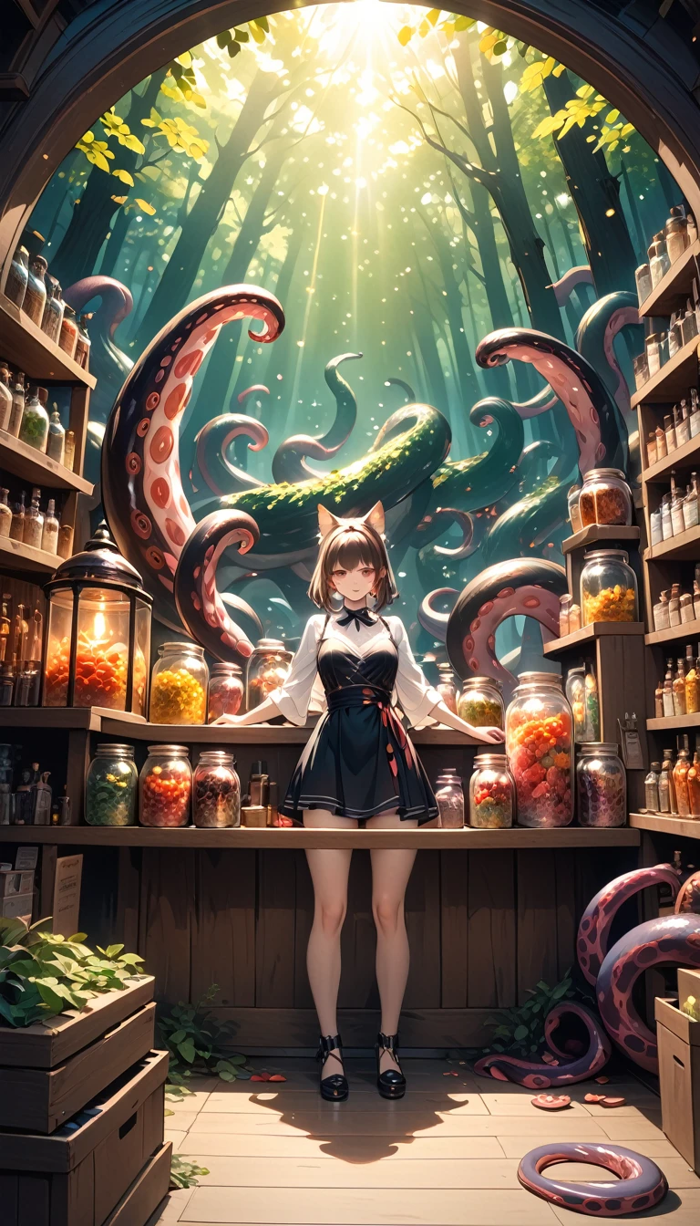 a sexy girl in a sexy dress tends the store at the counter, fantastic store, Fantasy world, dark, disturbing, strange, unnatural, (Rembrandt Lighting: 1.3) light particles, lens flares, store with several tentacles inside large jars, , a woman shopping, live tentacles for sale inside jars, side chest, forest cat on stage, close-up of the upper part of the body, artistic masterpieces that will go down in history, fantastic backgrounds, memorable scenes, fantastic angles (masterpiece : 1.2), (best quality: 1.2), intricate details, newest, AI generated (Bill Sienkiewicz inspired art, intricate details, oil painting)
