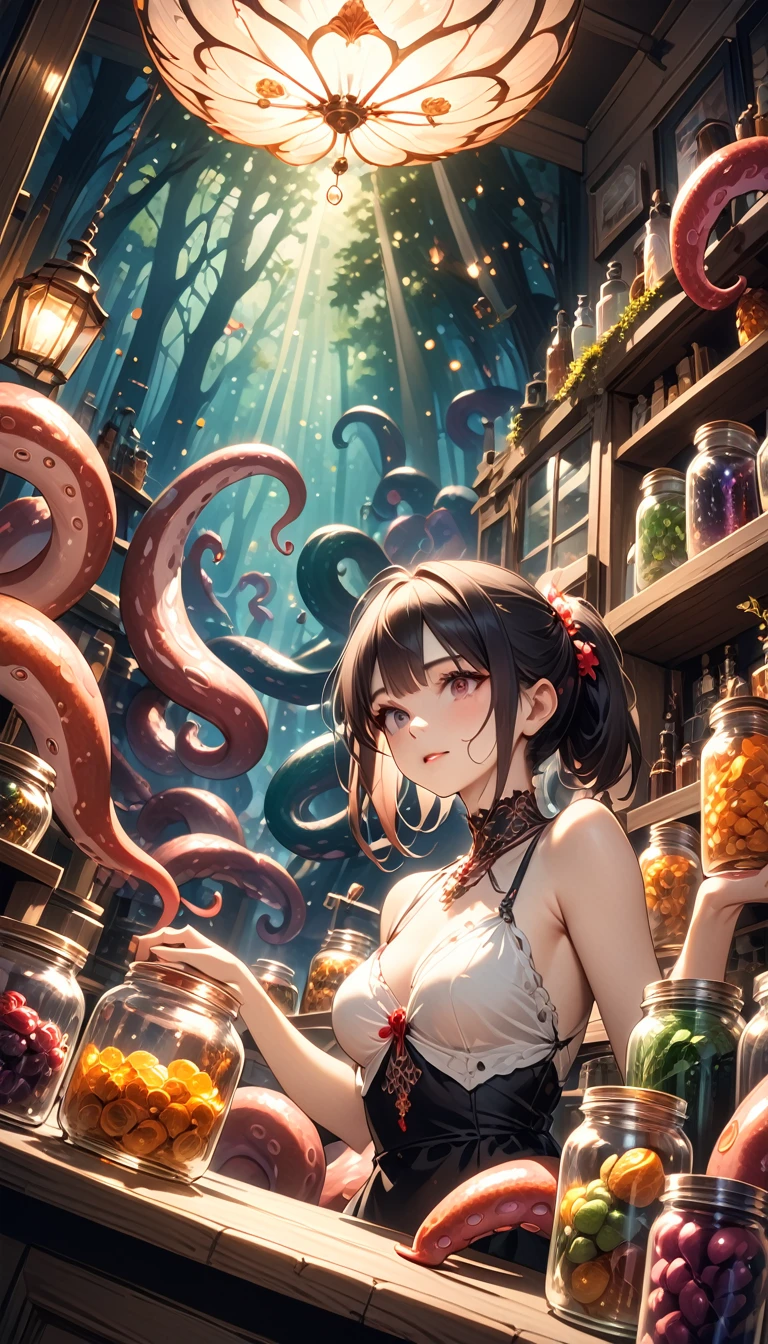 a sexy girl in a sexy dress tends the store at the counter, fantastic store, Fantasy world, dark, disturbing, strange, unnatural, (Rembrandt Lighting: 1.3) light particles, lens flares, store with several tentacles inside large jars, , a woman shopping, live tentacles for sale inside jars, side chest, forest cat on stage, close-up of the upper part of the body, artistic masterpieces that will go down in history, fantastic backgrounds, memorable scenes, fantastic angles (masterpiece : 1.2), (best quality: 1.2), intricate details, newest, AI generated (Bill Sienkiewicz inspired art, intricate details, oil painting)
