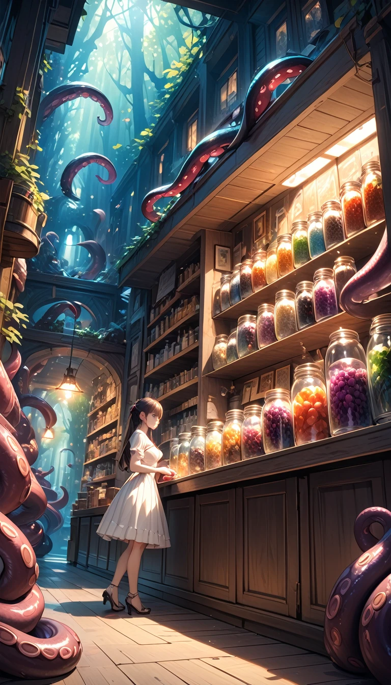 a sexy girl in a sexy dress tends the store at the counter, fantastic store, Fantasy world, dark, disturbing, strange, unnatural, (Rembrandt Lighting: 1.3) light particles, lens flares, store with several tentacles inside large jars, , a woman shopping, live tentacles for sale inside jars, side chest, forest cat on stage, close-up of the upper part of the body, artistic masterpieces that will go down in history, fantastic backgrounds, memorable scenes, fantastic angles (masterpiece : 1.2), (best quality: 1.2), intricate details, newest, AI generated (Bill Sienkiewicz inspired art, intricate details, oil painting)