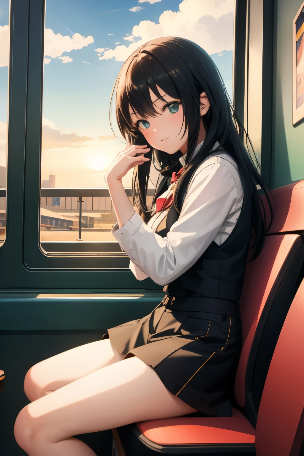 ((1 person)) ,Anime girl sitting on a train looking out the window, Beautiful anime portraits, 窓際のPortrait of Rofi, Beautiful Anime Girls, Portrait of Rofi, Lo-fi Girl, Anime Girl Pictures, Gweiz-style artwork, High-quality portraits, As the sun sets, Attractive anime girl, Cute Anime Girl, Cute realistic girl drawing, Anime Style. 10