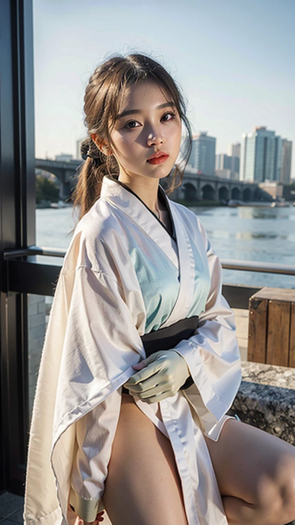 smile, little, baby face, baby model (8k, RAW photo, photorealistic:1.25) ,( lipgloss, eyelashes, gloss-face, glossy skin, best quality, ultra highres, depth of field, chromatic aberration, caustics, Broad lighting, natural shading,Kpop idol) a serene and goddess-like happiness,(wearing kimono), anggry face, pony tail hair, (full body, showing leg)