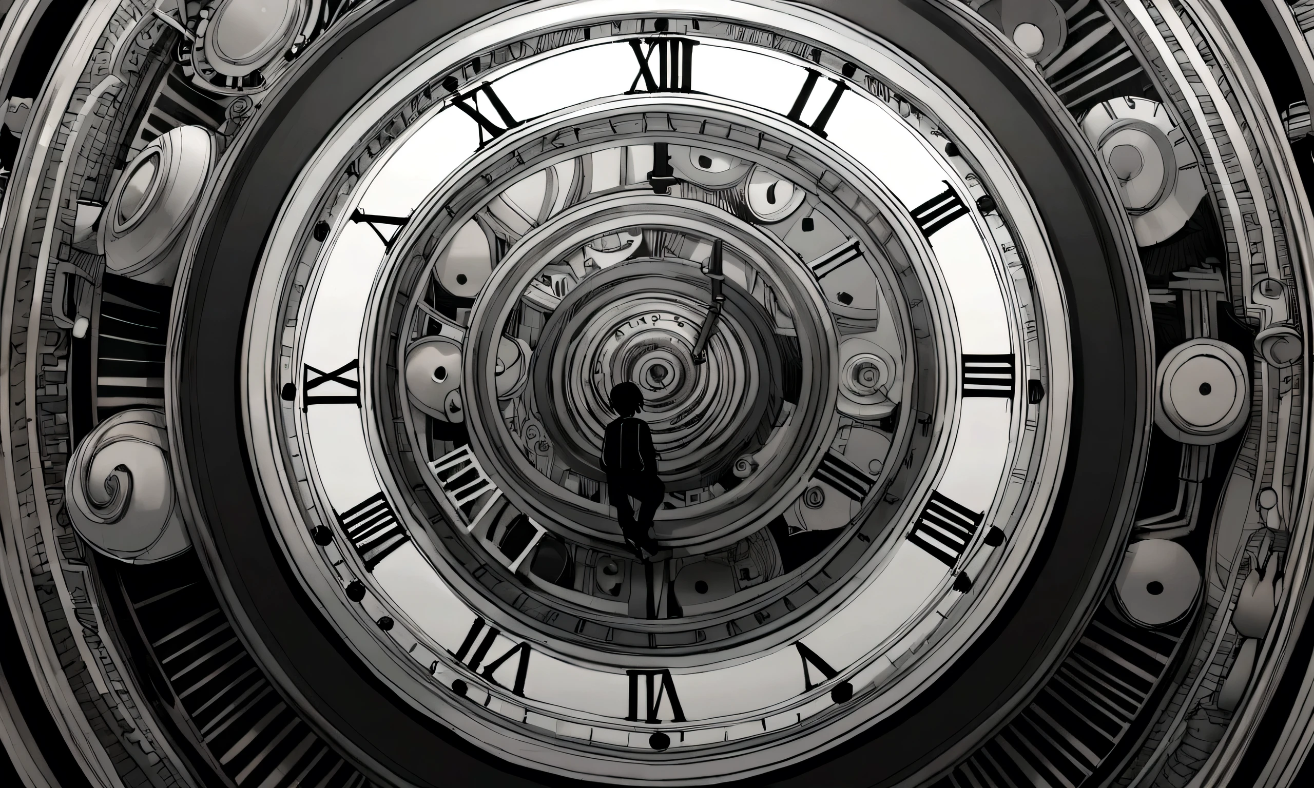 
black and white drawing, giant clockwork background, hang from clockwork, human, 26 year old male, black neat hair, a lonely face, wearing gray tracksuit, put one&#39;s foot on the clock hand, cling to the clock.
