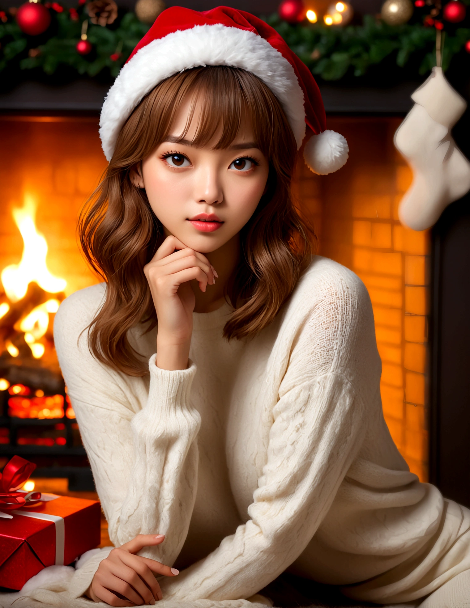 a beautiful young woman ((KPop Lisa) Lalisa Manobal, age 25), nude, her intimate areas fully exposed and very detailed, (seductive poses and gestures) by an old-fashioned fireplace with a roaring fire, Christmas scene (best quality, 4k, 8k, highres, masterpiece:1.2), ultra-detailed, (realistic, photorealistic, photo-realistic:1.37), HDR, UHD, studio lighting, ultra-fine painting, sharp focus, physically-based rendering, extreme detail description, professional, vivid colors, bokeh, portrait, figurative, intimate, sensual, cozy, Christmas, warm lighting, chiaroscuro (show her entire body, show all of her)
