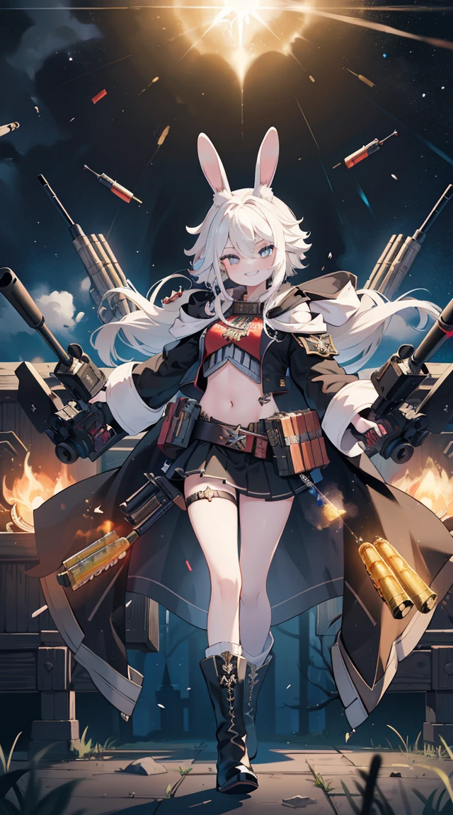 (masterpiece), Best quality, Fantasy art, 1 girl,One, a girl firing her long machine a gun in A magical land, white_hair, long hair, wicked, grin, smile, (black_hood:1.4), bunny ears, long coat, skirt, boots, (((ammunition belt))), a gun, bullet casing, machine a gun, Weapon, (A magical land:1.2)