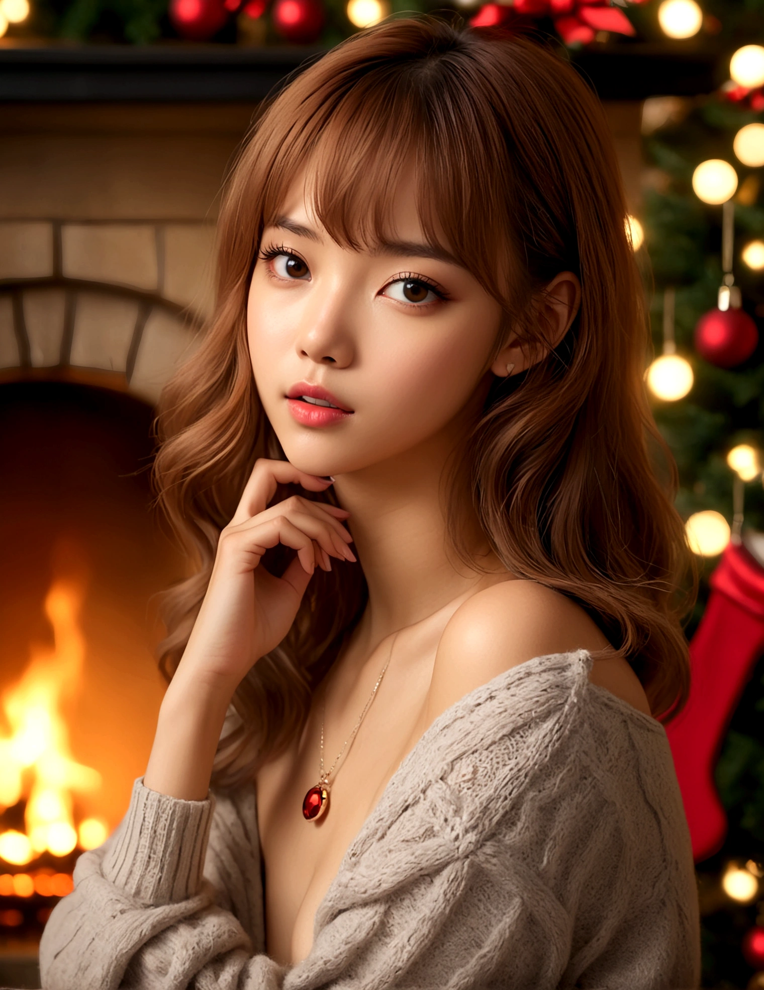 a beautiful young woman ((KPop Lisa) Lalisa Manobal, age 25), nude, her intimate areas fully exposed and very detailed, (seductive poses and gestures) by an old-fashioned fireplace with a roaring fire, Christmas scene (best quality, 4k, 8k, highres, masterpiece:1.2), ultra-detailed, (realistic, photorealistic, photo-realistic:1.37), HDR, UHD, studio lighting, ultra-fine painting, sharp focus, physically-based rendering, extreme detail description, professional, vivid colors, bokeh, portrait, figurative, intimate, sensual, cozy, Christmas, warm lighting, chiaroscuro (show her entire body, show all of her)
