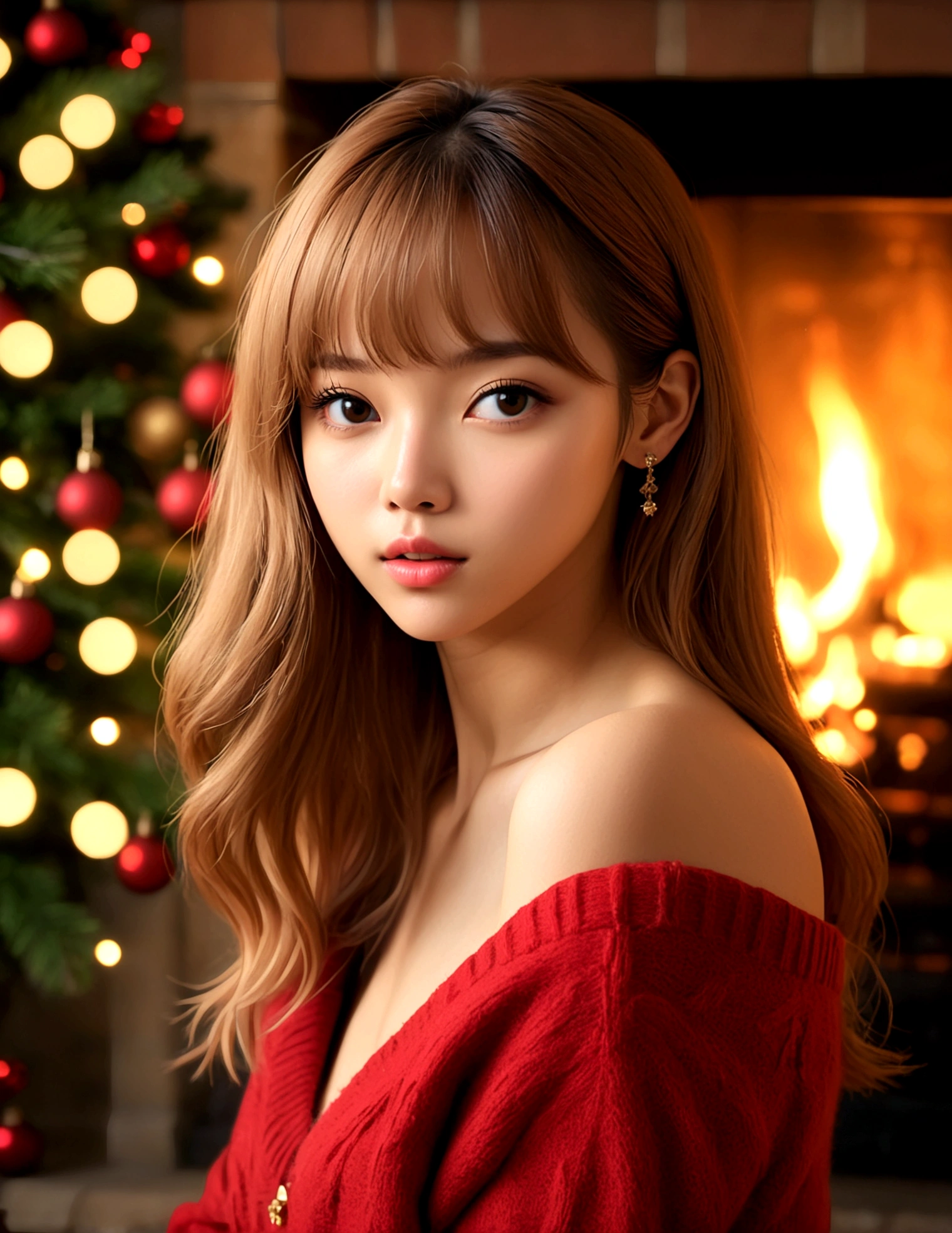 a beautiful young woman ((KPop Lisa) Lalisa Manobal, age 25), nude, her intimate areas fully exposed and very detailed, (seductive poses and gestures) by an old-fashioned fireplace with a roaring fire, Christmas scene (best quality, 4k, 8k, highres, masterpiece:1.2), ultra-detailed, (realistic, photorealistic, photo-realistic:1.37), HDR, UHD, studio lighting, ultra-fine painting, sharp focus, physically-based rendering, extreme detail description, professional, vivid colors, bokeh, portrait, figurative, intimate, sensual, cozy, Christmas, warm lighting, chiaroscuro (show her entire body, show all of her)