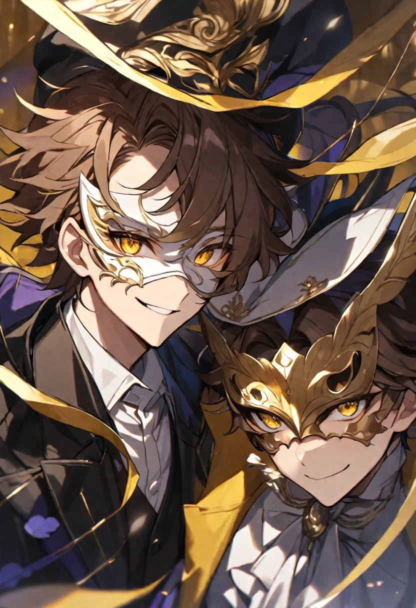 One, male, Brown hair, yellow eyes, white half mask, smile on your face, White shirt, black vest, black raincoat, Masquerade