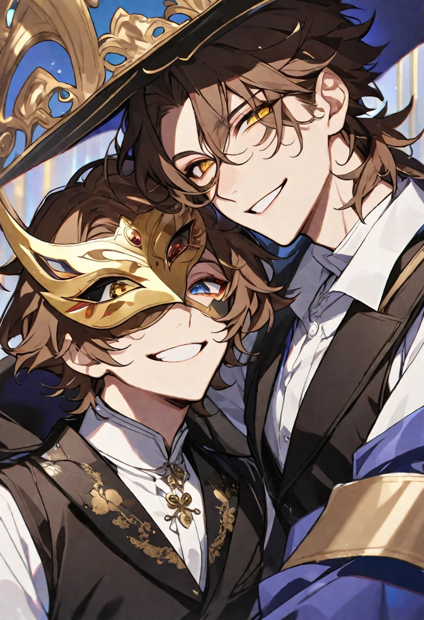 One, male, Brown hair, yellow eyes, white half mask, smile on your face, White shirt, black vest, black raincoat, Masquerade