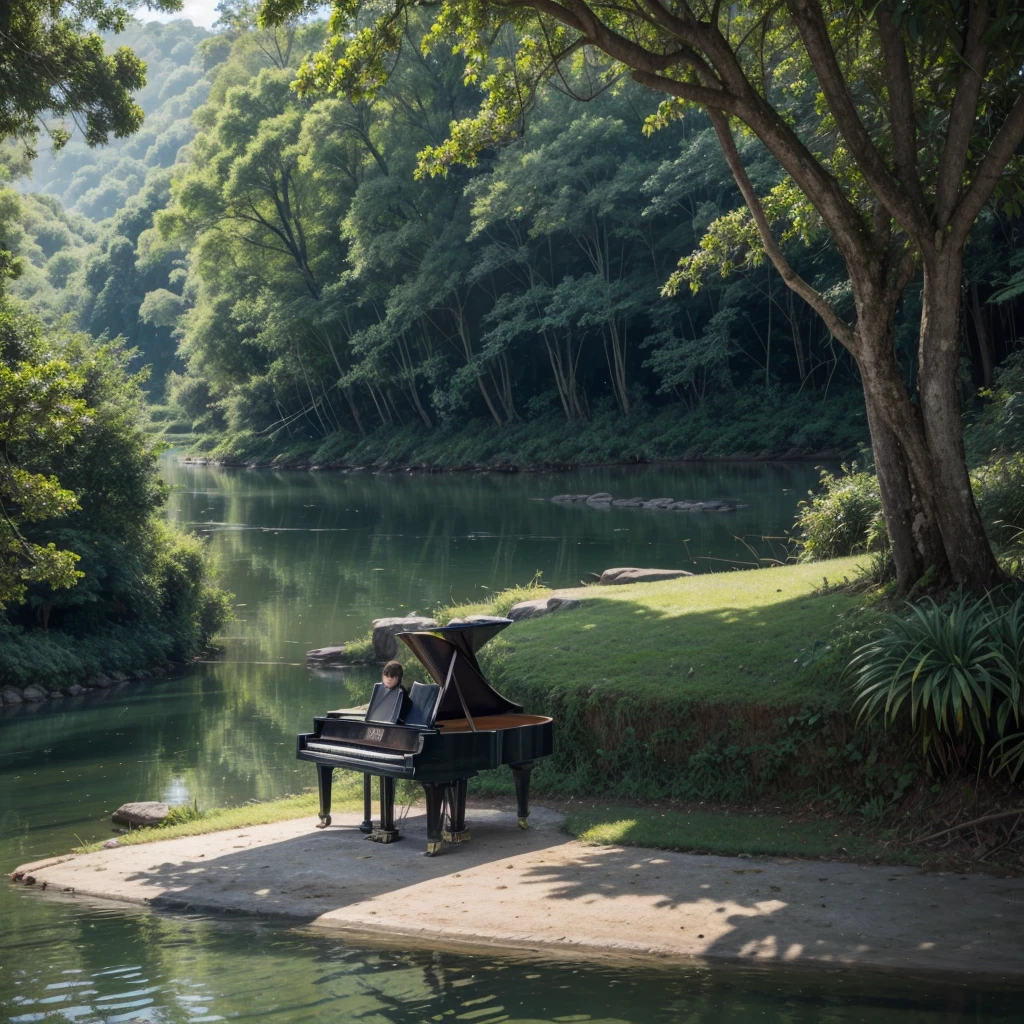 Create detailed artwork of musician João Donato playing the piano. No fundo, represent the banks of the Croa River with its serene waters and lush vegetation. Include a rubber tree next to the piano, highlighting its characteristic roots and leaves.
